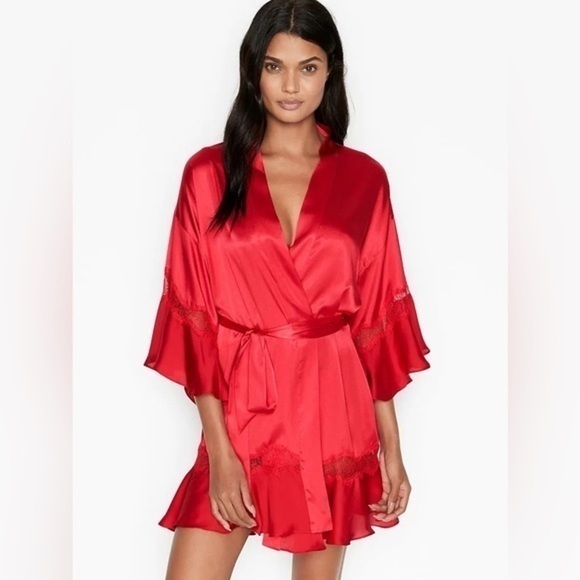 Rare Victorias Secret Red Satin Ruffle Flounce Bell Sleeves Kimono Robe XS/S - Picture 1 of 6